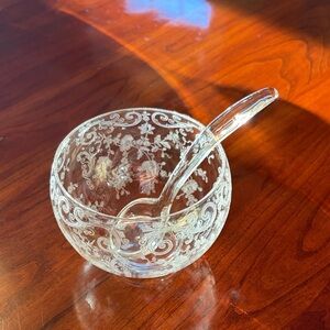 Vintage Clear Cut Glass Bowl with Glass Spoon